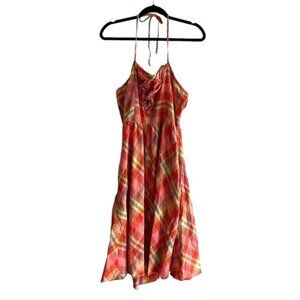 ISAAC MIZRAHI Cotton Plaid Halter Sleeveless Midi Flare Dress 10